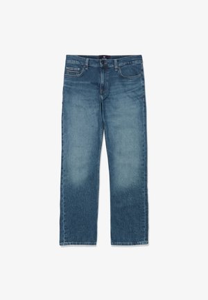 Modre kavbojke iz jeansa z izpranim videzom, ravnim krojem nogavic in enim sprednjim žepom. Trpežen material s klasičnimi šivi.