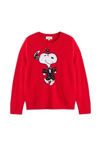 Roter gestrickter Pullover mit einem Snoopy-Design, der einen schwarzen Polka-Dot-Anzug trägt. Runder Ausschnitt und lange Ärmel. Weicher Stoff.
