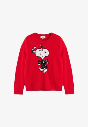 Maglione rosso lavorato a maglia con grafica di Snoopy, che indossa un completo con pois neri. Collo rotondo e maniche lunghe. Texture morbida.