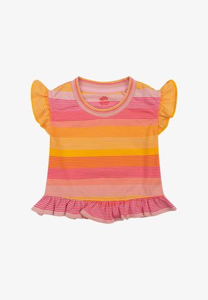 Gestreept kortärmelig top in roze, oranje en geel met gerimpelde mouwen en een geplooemde zoom, gemaakt van zachte stof.