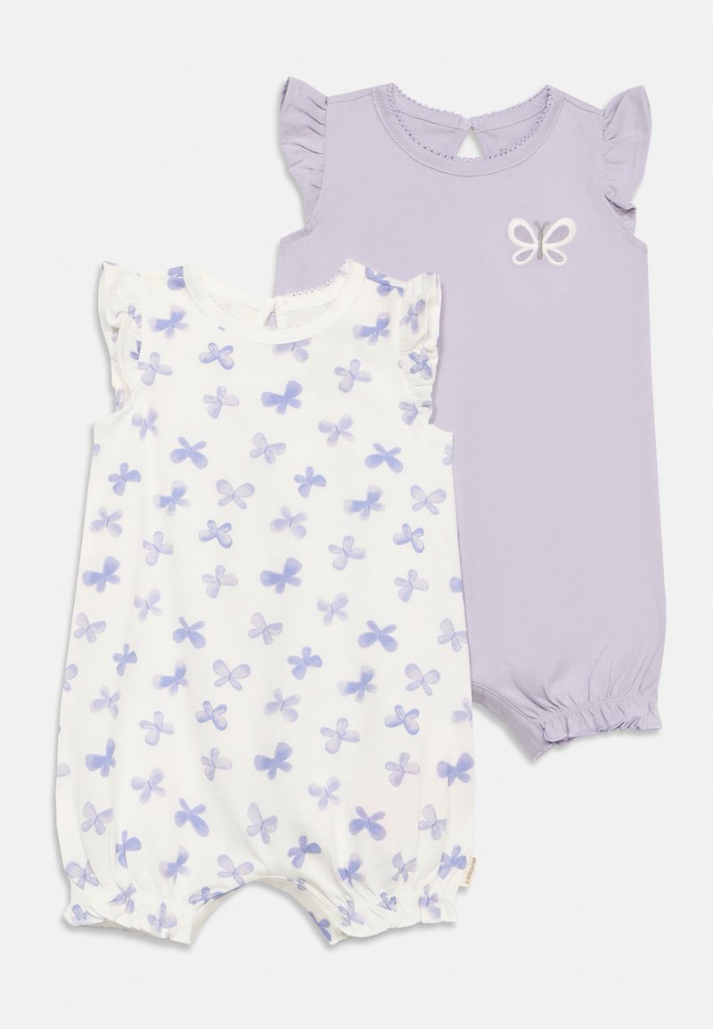Δύο αμάνικα βρεφικά φορμάκια, ένα λευκό με μοβ σχέδιο πεταλούδας, ένα μονόχρωμο λεβάντα με μικρή κεντημένη πεταλούδα στο στήθος.