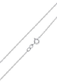 Zilveren ketting met een gedraaide schakelontwerp, voorzien van een ronde sluiting voor een veilige bevestiging. De textuur is glad en glanzend.