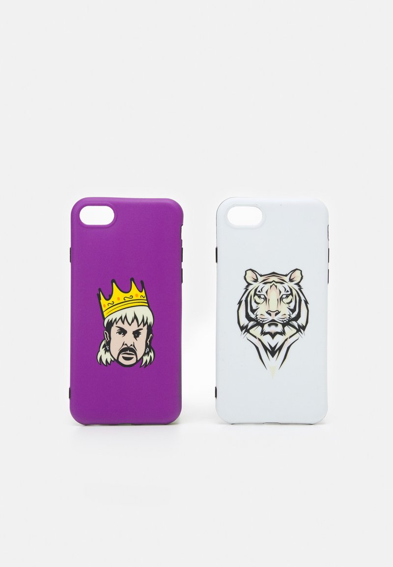 Two mobile phone cases: one purple with an illustrated face and crown, and one white featuring a detailed tiger graphic. Both have matte finishes.