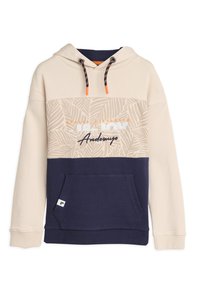 Hoodie met een beige bovenkant featuring een bladerenpatroon, een marineblauwe onderkant en een voorste kangoeroezak. De verstelbare trekkoorden zijn oranje.