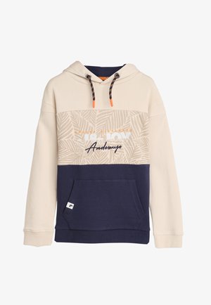 Hoodie met een beige bovenkant featuring een bladerenpatroon, een marineblauwe onderkant en een voorste kangoeroezak. De verstelbare trekkoorden zijn oranje.