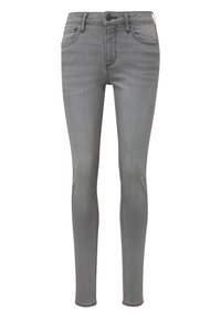 Grijze denim skinny jeans met een middelhoge taille, vijf zakken en een ritsgulp. Gladde textuur met minimale vervaging en geen zichtbare slijtage.