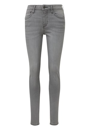 Graue Skinny-Jeans aus Denim mit mittelhohem Bund, fünf Taschen und einem Reißverschluss. Glatte Textur mit minimaler Ausbleichung und ohne sichtbare Gebrauchsspuren.