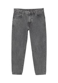 Jean en denim gris avec un design classique à cinq poches, jambe fuselée, et coutures apparentes, avec une finition légèrement délavée.
