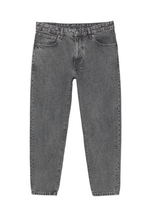 Gray denim jeans featuring a classic five-pocket design, tapered leg, and visible stitching with a slightly faded finish.