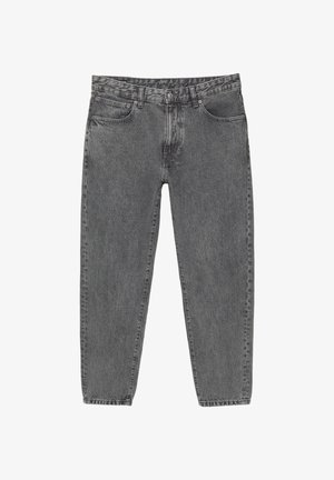 Szare dżinsy o klasycznym pięciopunktowym designie, zwężanym nogawkach i widocznym szwie, z lekko wyblakłym wykończeniem.