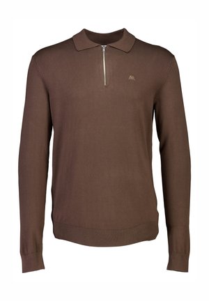 Brązowy długi rękaw polo sweter z zamkiem błyskawicznym przy szyi i ściągaczami, wykonany z gładkiego materiału; ma małe logo na piersi.