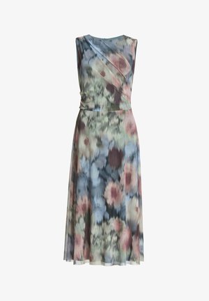 Blomstret kjole i blødt stof med varierede nuancer af blå, pink og grøn. Ærmeløs design med en draperet overdel og en udvidet nederdel.