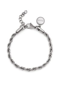 Bracciale in argento con catena a corda attorcigliata, dotato di chiusura a moschettone e piccolo disco rotondo incisa con "SINGULARU" su sfondo bianco.