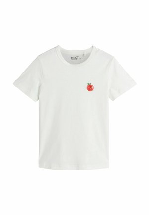 Hvid bomuld T-shirt med en lille rød broderet æble på venstre bryst. Standard rund halsudskæring og korte ærmer. Blød tekstur.