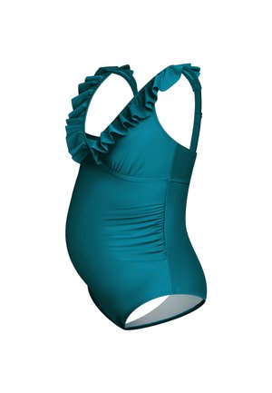 Maillot de bain de maternité bleu sarcelle avec bretelles à volants, côtés froncés et texture lisse. Conçu pour le confort et le soutien pendant la grossesse.