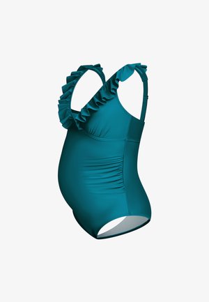 Tiefer türkisfarbener Umstandsbadeanzug mit gerüschten Trägern, seitlichen Raffungen und glatter Textur. Für Komfort und Unterstützung während der Schwangerschaft entworfen.