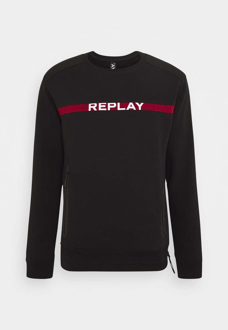 Felpa nera in cotone con colletto rotondo. Presenta il logo rosso e bianco "REPLAY" sul petto e tasche laterali con zip.