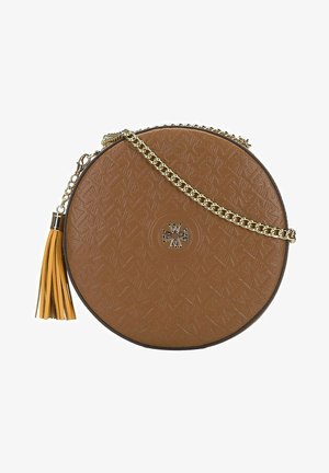 Round brown bag with embossed pattern, gold chain strap, and a yellow tassel accent. Logo is centrally placed on the front.