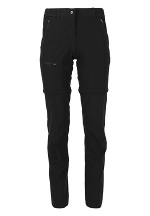 Sorte udendørs bukser med aftageligt overdel, med lynlås lomme på låret og sidelommer, knappelukning og bæltestropper, designet til alsidigt brug.