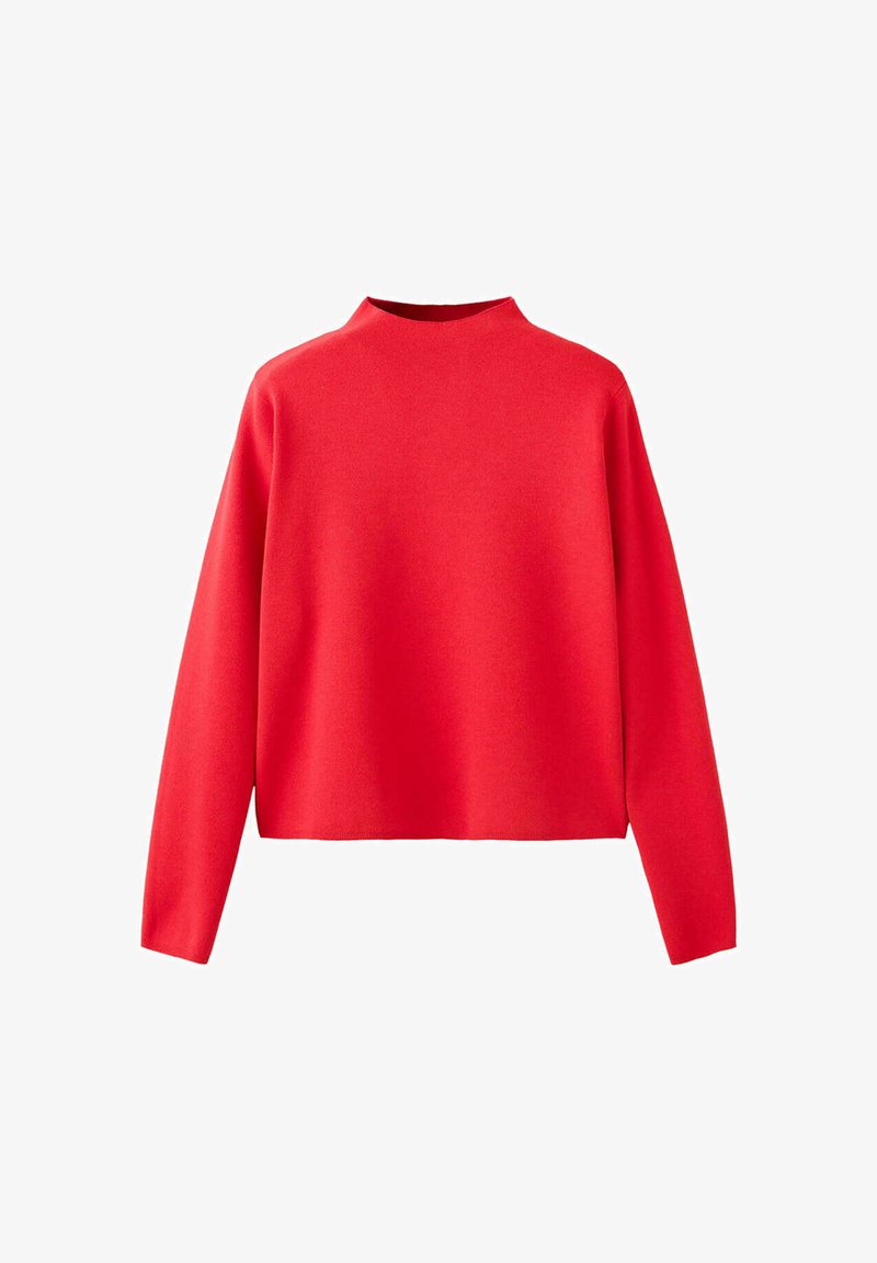 Pull rouge à manches longues avec un col montant et un ourlet droit, présenté sur fond blanc.