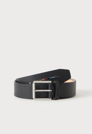 Black leather belt with silver rectangular buckle and small multicolor stitching detail near the buckle, displayed coiled on a white background.