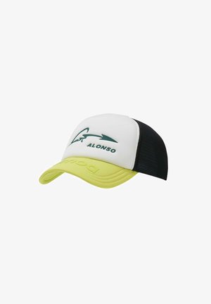 Biała czapka z przodu z zielonym logo, żółwym zakrzywionym brzegiem i czarną siateczkową tylną częścią. Posiada tekst "ALONSO" oraz markę "polo" na brzegu.