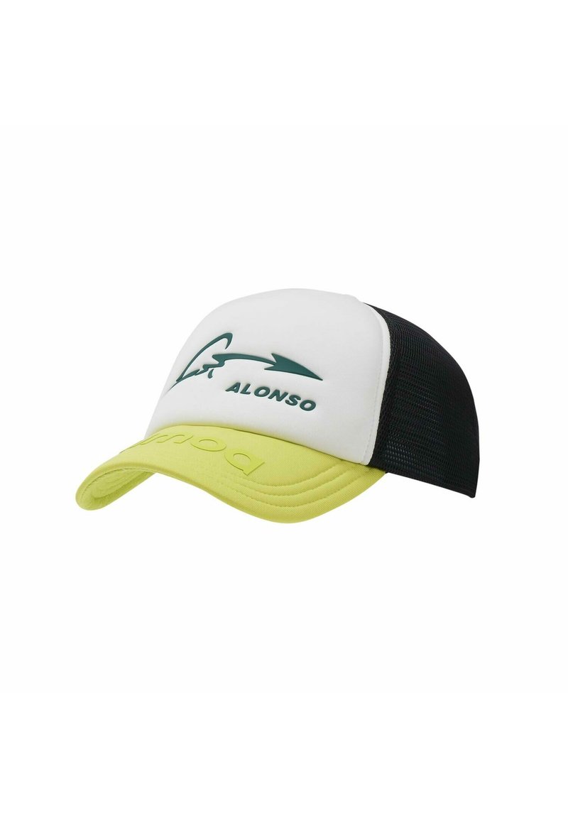 Biała czapka z przodu z zielonym logo, żółwym zakrzywionym brzegiem i czarną siateczkową tylną częścią. Posiada tekst "ALONSO" oraz markę "polo" na brzegu.