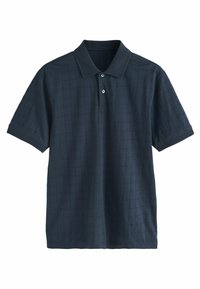 Marineblå polo-shirt med tekstureret gittermønster, korte ærmer og krave med tre knapper. Letvægtsstof med en glat overflade.