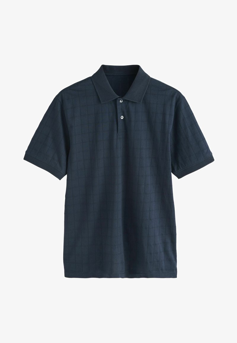 Marineblå polo-shirt med tekstureret gittermønster, korte ærmer og krave med tre knapper. Letvægtsstof med en glat overflade.