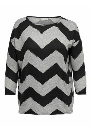 Pull en chevrons noir et gris avec des manches trois-quarts, un col rond et un tissu tricoté texturé.