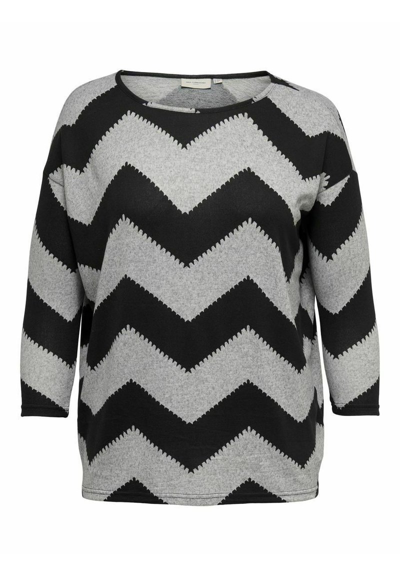 Black and gray chevron-patterned sweater with three-quarter sleeves, round neckline, and textured knit fabric.