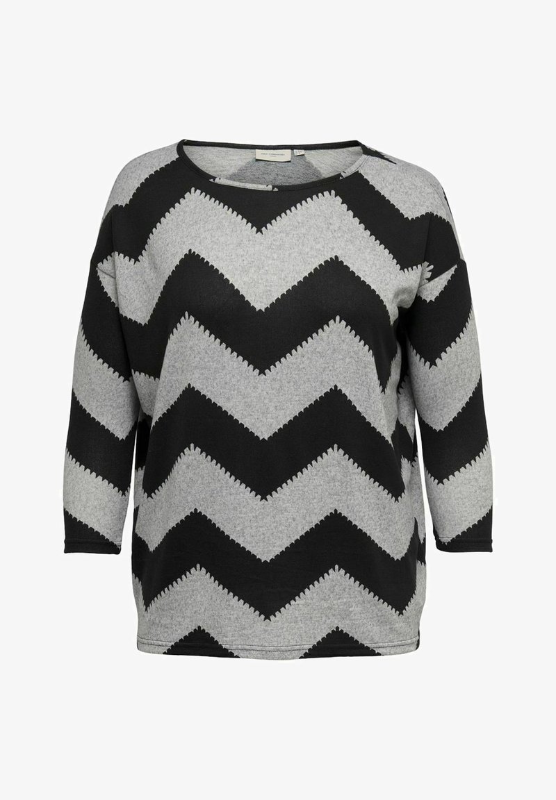 Sweater com padrão em chevron preto e cinza, com mangas a três quartos, gola redonda e tecido de malha texturizado.