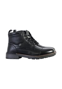 Botas de tobillo de cuero negro con suela plana, punta redondeada, cordones en la parte delantera y un tirador en el talón en forma de bucle. Acentuadas con paneles de tela texturizada.