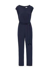 Navyblauwe jumpsuit met korte mouwen, getailleerd lijfje en een riem in de taille. Gemaakt van gladde stof met een rechte pijp en een rits aan de achterkant.