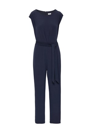 Navyblauer Jumpsuit mit kurzen Ärmeln, tailliertem Oberteil und einem Gürtel in der Taille. Hergestellt aus glattem Stoff mit geradem Bein und einem Reißverschluss auf der Rückseite.