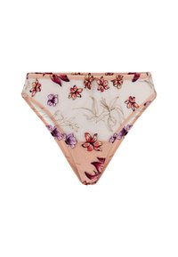 Bloemist geborduurde slip van een doorschijnende perzikstof. Heeft meerkleurige bloemen en delicate stiksels langs de randen. Klassieke bikini snit.