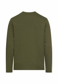 Olijfgroene blouse met lange mouwen, gemaakt van katoen. Heeft een ronde halslijn en een eenvoudig ontwerp zonder patronen of versieringen.