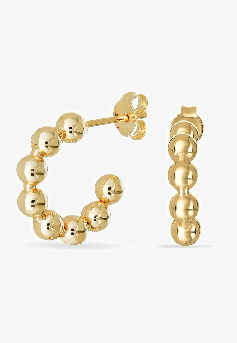 Ohrringe in Goldfarbe mit einem geschwungenen Design und großen, glatten, kugelförmigen Akzenten. Die Oberfläche hat einen glänzenden, reflektierenden Finish.