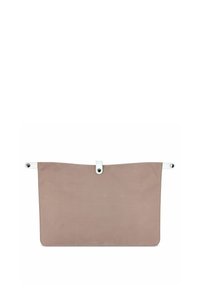 Borsa rettangolare rosa con dettagli bianchi, realizzata in un tessuto liscio. Presenta una tracolla superiore con chiusure a pulsante nere e un motivo goffrato sottile.