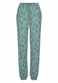 Pantalones de estampado floral en tonos de azul verdoso, con cintura elástica y dos bolsillos laterales. Tela ligera con un ajuste suelto y cómodo.