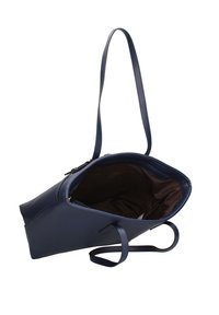 Marineblauwe leren handtas met ritssluiting, slanke schouderriem en een bruine stoffen binnenvoering, met een ruime opening.