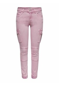 Pantalones cargo de mezclilla rosa con un corte ajustado, que cuentan con paneles en las rodillas y bolsillos laterales, que se estrechan en el tobillo con puños elásticos.