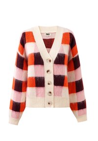 Geknoopte cardigan met een groot ruitpatroon in oranje, bordeauxrood, roze en crème, met een V-hals en ribgebreide boorden en onderkant.