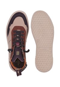 Multicolor sneakers featuring a mix of beige, brown, dark purple, and orange accents. Textured rubber sole with hexagonal pattern. Round laces.