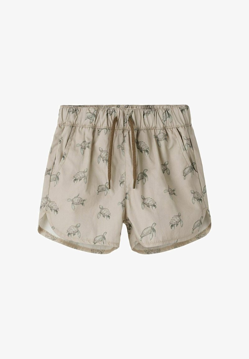 Shorts beige pour tout-petits avec ceinture élastique, cordon de serrage marron, poches latérales et imprimé intégral de tortues de mer grises.