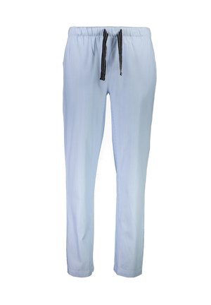 Lichtblauwe gestreepte broek met een elastische tailleband, voorzien van een zwarte trekkoord. Gemaakt van zachte stof, recht gesneden design, zonder zakken.