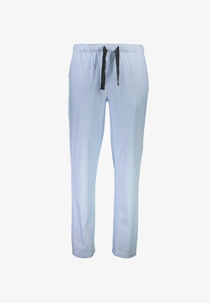 Light blue striped pants with an elastic waistband, featuring a black drawstring. Made from soft fabric, straight leg design, with no pockets.