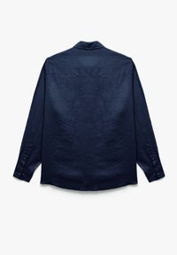Donkerblauw overhemd met lange mouwen van textuurstof, voorzien van een puntige kraag en knoopmanchetten, met een rechte zoom en rugpand.