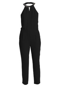 Combinaison noire sans manches avec col montant, découpe en forme de goutte, col orné, taille cintrée et pantalon fuselé.