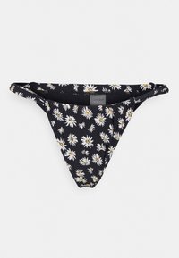 Parte de baixo de bikini preta com estampa de margaridas. Apresenta um design de cintura baixa e tiras laterais finas. Feita de material elástico para conforto.
